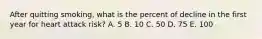 After quitting smoking, what is the percent of decline in the first year for heart attack risk? A. 5 B. 10 C. 50 D. 75 E. 100