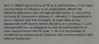 Quiz 2: [Matching] In terms of PR as a staff function, it can have varying levels of influence in an organization. Match the following definitions with the appropriate terms. A. Concurring authority B. Compulsory-advisory C. Advisory 1. Organization's policy requires that line managers at least listen to the appropriate staff experts before deciding on a strategy. 2. Line management has no obligation to take recommendations or even request them from PR staff. 3. PR is in the position of reviewing and approving all materials and communications with external audiences.