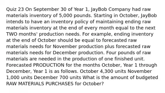 Quiz 23 On September 30 of Year 1, JayBob Company had raw materials inventory of 5,000 pounds. Starting in October, JayBob intends to have an inventory policy of maintaining ending raw materials inventory at the end of every month equal to the next TWO months' production needs. For example, ending inventory at the end of October should be equal to forecasted raw materials needs for November production plus forecasted raw materials needs for December production. Four pounds of raw materials are needed in the production of one finished unit. Forecasted PRODUCTION for the months October, Year 1 through December, Year 1 is as follows. October 4,300 units November 1,000 units December 700 units What is the amount of budgeted RAW MATERIALS PURCHASES for October?