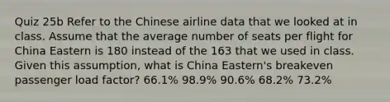 Quiz 25b Refer to the Chinese airline data that we looked at in class. Assume that the average number of seats per flight for China Eastern is 180 instead of the 163 that we used in class. Given this assumption, what is China Eastern's breakeven passenger load factor? 66.1% 98.9% 90.6% 68.2% 73.2%