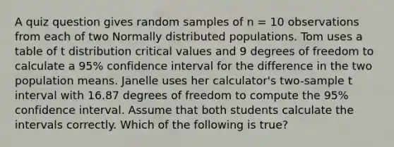 A quiz question gives random samples of n = 10 observations from each of two Normally distributed populations. Tom uses a table of t distribution critical values and 9 degrees of freedom to calculate a 95% confidence interval for the difference in the two population means. Janelle uses her calculator's two-sample t interval with 16.87 degrees of freedom to compute the 95% confidence interval. Assume that both students calculate the intervals correctly. Which of the following is true?