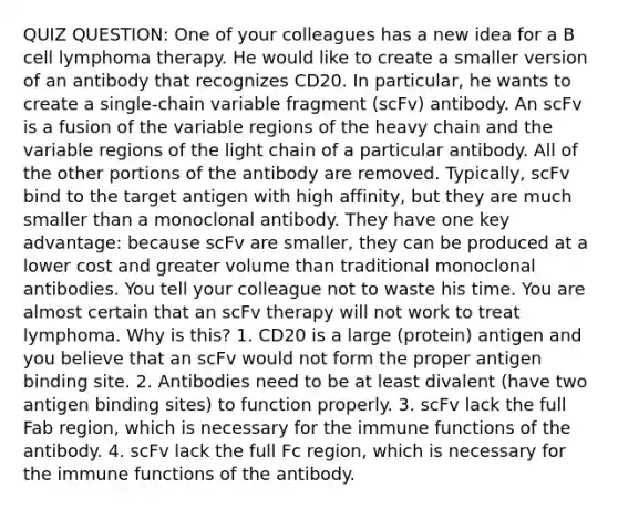 QUIZ QUESTION: One of your colleagues has a new idea for a B cell lymphoma therapy. He would like to create a smaller version of an antibody that recognizes CD20. In particular, he wants to create a single-chain variable fragment (scFv) antibody. An scFv is a fusion of the variable regions of the heavy chain and the variable regions of the light chain of a particular antibody. All of the other portions of the antibody are removed. Typically, scFv bind to the target antigen with high affinity, but they are much smaller than a monoclonal antibody. They have one key advantage: because scFv are smaller, they can be produced at a lower cost and greater volume than traditional monoclonal antibodies. You tell your colleague not to waste his time. You are almost certain that an scFv therapy will not work to treat lymphoma. Why is this? 1. CD20 is a large (protein) antigen and you believe that an scFv would not form the proper antigen binding site. 2. Antibodies need to be at least divalent (have two antigen binding sites) to function properly. 3. scFv lack the full Fab region, which is necessary for the immune functions of the antibody. 4. scFv lack the full Fc region, which is necessary for the immune functions of the antibody.