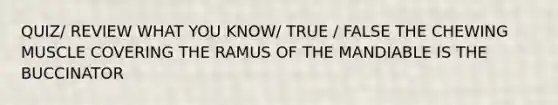 QUIZ/ REVIEW WHAT YOU KNOW/ TRUE / FALSE THE CHEWING MUSCLE COVERING THE RAMUS OF THE MANDIABLE IS THE BUCCINATOR