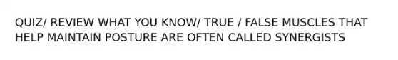 QUIZ/ REVIEW WHAT YOU KNOW/ TRUE / FALSE MUSCLES THAT HELP MAINTAIN POSTURE ARE OFTEN CALLED SYNERGISTS