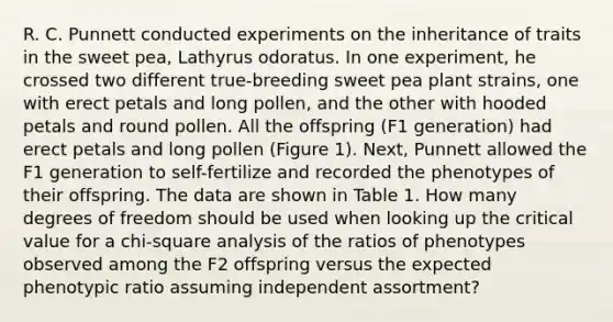 R. C. Punnett conducted experiments on the inheritance of traits in the sweet pea, Lathyrus odoratus. In one experiment, he crossed two different true-breeding sweet pea plant strains, one with erect petals and long pollen, and the other with hooded petals and round pollen. All the offspring (F1 generation) had erect petals and long pollen (Figure 1). Next, Punnett allowed the F1 generation to self-fertilize and recorded the phenotypes of their offspring. The data are shown in Table 1. How many degrees of freedom should be used when looking up the critical value for a chi-square analysis of the ratios of phenotypes observed among the F2 offspring versus the expected phenotypic ratio assuming independent assortment?