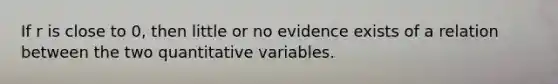 If r is close to​ 0, then little or no evidence exists of a relation between the two quantitative variables.