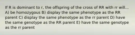 If R is dominant to r, the offspring of the cross of RR with rr will... A) be homozygous B) display the same phenotype as the RR parent C) display the same phenotype as the rr parent D) have the same genotype as the RR parent E) have the same genotype as the rr parent