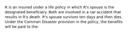 R is an insured under a life policy in which R's spouse is the designated beneficiary. Both are involved in a car accident that results in R's death. R's spouse survives ten days and then dies. Under the Common Disaster provision in the policy, the benefits will be paid to the: