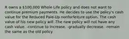 R owns a 100,000 Whole Life policy and does not want to continue premium payments. He decides to use the policy's cash value for the Reduced Paid-Up nonforfeiture option. The cash value of his new policy will -The new policy will not have any cash value. -continue to increase. -gradually decrease. -remain the same as the old policy