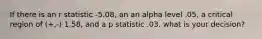 If there is an r statistic -5.08, an an alpha level .05, a critical region of (+,-) 1.58, and a p statistic .03. what is your decision?