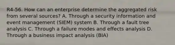 R4-56. How can an enterprise determine the aggregated risk from several sources? A. Through a security information and event management (SIEM) system B. Through a fault tree analysis C. Through a failure modes and effects analysis D. Through a business impact analysis (BIA)