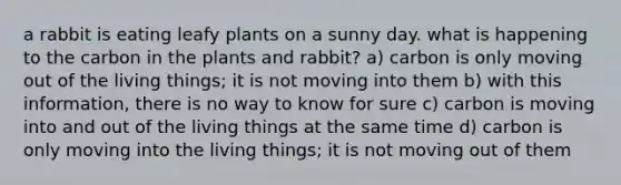 a rabbit is eating leafy plants on a sunny day. what is happening to the carbon in the plants and rabbit? a) carbon is only moving out of the living things; it is not moving into them b) with this information, there is no way to know for sure c) carbon is moving into and out of the living things at the same time d) carbon is only moving into the living things; it is not moving out of them