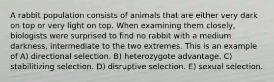 A rabbit population consists of animals that are either very dark on top or very light on top. When examining them closely, biologists were surprised to find no rabbit with a medium darkness, intermediate to the two extremes. This is an example of A) directional selection. B) heterozygote advantage. C) stabilitizing selection. D) disruptive selection. E) sexual selection.