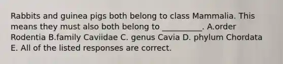 Rabbits and guinea pigs both belong to class Mammalia. This means they must also both belong to __________. A.order Rodentia B.family Caviidae C. genus Cavia D. phylum Chordata E. All of the listed responses are correct.