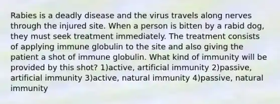 Rabies is a deadly disease and the virus travels along nerves through the injured site. When a person is bitten by a rabid dog, they must seek treatment immediately. The treatment consists of applying immune globulin to the site and also giving the patient a shot of immune globulin. What kind of immunity will be provided by this shot? 1)active, artificial immunity 2)passive, artificial immunity 3)active, natural immunity 4)passive, natural immunity