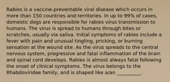 Rabies is a vaccine-preventable viral disease which occurs in more than 150 countries and territories. In up to 99% of cases, domestic dogs are responsible for rabies virus transmission to humans. The virus is spread to humans through bites or scratches, usually via saliva. Initial symptoms of rabies include a fever with pain and unusual tingling, pricking, or burning sensation at the wound site. As the virus spreads to the central nervous system, progressive and fatal inflammation of the brain and spinal cord develops. Rabies is almost always fatal following the onset of clinical symptoms. The virus belongs to the Rhabdoviridae family, and is shaped like a/an __________.