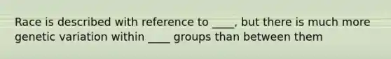 Race is described with reference to ____, but there is much more genetic variation within ____ groups than between them