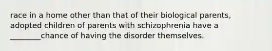 race in a home other than that of their biological parents, adopted children of parents with schizophrenia have a ________chance of having the disorder themselves.