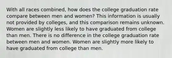 With all races combined, how does the college graduation rate compare between men and women? This information is usually not provided by colleges, and this comparison remains unknown. Women are slightly less likely to have graduated from college than men. There is no difference in the college graduation rate between men and women. Women are slightly more likely to have graduated from college than men.