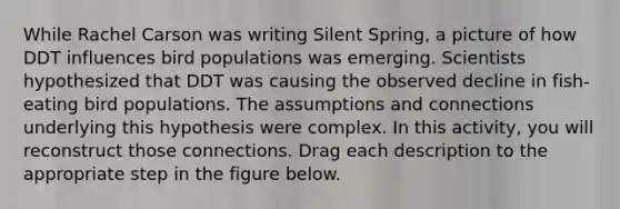 While Rachel Carson was writing Silent Spring, a picture of how DDT influences bird populations was emerging. Scientists hypothesized that DDT was causing the observed decline in fish-eating bird populations. The assumptions and connections underlying this hypothesis were complex. In this activity, you will reconstruct those connections. Drag each description to the appropriate step in the figure below.