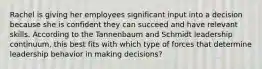 Rachel is giving her employees significant input into a decision because she is confident they can succeed and have relevant skills. According to the Tannenbaum and Schmidt leadership​ continuum, this best fits with which type of forces that determine leadership behavior in making​ decisions?