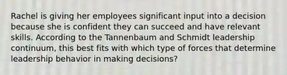 Rachel is giving her employees significant input into a decision because she is confident they can succeed and have relevant skills. According to the Tannenbaum and Schmidt leadership​ continuum, this best fits with which type of forces that determine leadership behavior in making​ decisions?