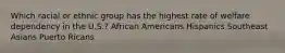 Which racial or ethnic group has the highest rate of welfare dependency in the U.S.? African Americans Hispanics Southeast Asians Puerto Ricans