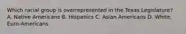 Which racial group is overrepresented in the Texas Legislature? A. Native Americans B. Hispanics C. Asian Americans D. White, Euro-Americans