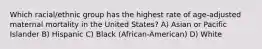 Which racial/ethnic group has the highest rate of age-adjusted maternal mortality in the United States? A) Asian or Pacific Islander B) Hispanic C) Black (African-American) D) White