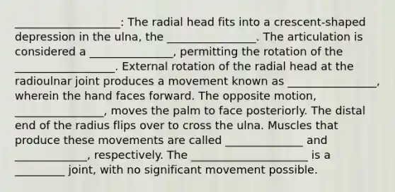 ___________________: The radial head fits into a crescent-shaped depression in the ulna, the ________________. The articulation is considered a _______________, permitting the rotation of the __________________. External rotation of the radial head at the radioulnar joint produces a movement known as ________________, wherein the hand faces forward. The opposite motion, ________________, moves the palm to face posteriorly. The distal end of the radius flips over to cross the ulna. Muscles that produce these movements are called ______________ and _____________, respectively. The _____________________ is a _________ joint, with no significant movement possible.