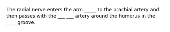 The radial nerve enters the arm _____ to the brachial artery and then passes with the ___ ___ artery around the humerus in the ____ groove.