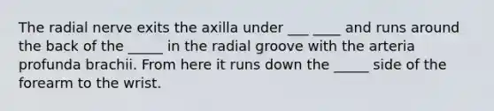 The radial nerve exits the axilla under ___ ____ and runs around the back of the _____ in the radial groove with the arteria profunda brachii. From here it runs down the _____ side of the forearm to the wrist.