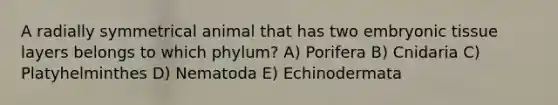 A radially symmetrical animal that has two embryonic tissue layers belongs to which phylum? A) Porifera B) Cnidaria C) Platyhelminthes D) Nematoda E) Echinodermata