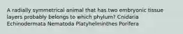 A radially symmetrical animal that has two embryonic tissue layers probably belongs to which phylum? Cnidaria Echinodermata Nematoda Platyhelminthes Porifera