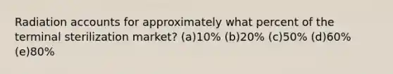 Radiation accounts for approximately what percent of the terminal sterilization market? (a)10% (b)20% (c)50% (d)60% (e)80%