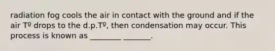 radiation fog cools the air in contact with the ground and if the air Tº drops to the d.p.Tº, then condensation may occur. This process is known as ________ _______.