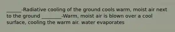 ______-Radiative cooling of the ground cools warm, moist air next to the ground ________-Warm, moist air is blown over a cool surface, cooling the warm air. water evaporates