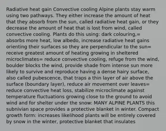 Radiative heat gain Convective cooling Alpine plants stay warm using two pathways. They either increase the amount of heat that they absorb from the sun, called radiative heat gain, or they decrease the amount of heat that is lost from wind, called convective cooling. Plants do this using: dark colouring,= absorbs more heat, low albedo, increase radiative heat gains orienting their surfaces so they are perpendicular to the sun= receive greatest amount of heating growing in sheltered microclimates= reduce convective cooling, refuge from the wind, boulder blocks the wind, provide shade from intense sun more likely to survive and reproduce having a dense hairy surface, also called pubescence, that traps a thin layer of air above the surface (boundary layer), reduce air movement over leaves= reduce convective heat loss, stabilize microclimate against temperature fluctuations growing close to the ground to avoid wind and for shelter under the snow: MANY ALPINE PLANTS this subnivian space provides a protective blanket in winter. Compact growth form: increases likelihood plants will be entirely covered by snow in the winter, protective blanket that insulates