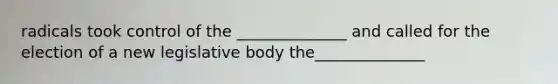 radicals took control of the ______________ and called for the election of a new legislative body the______________