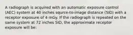 A radiograph is acquired with an automatic exposure control (AEC) system at 40 inches squrce-to-image distance (SID) with a receptor exposure of 4 mGy. If the radiograph is repeated on the same system at 72 inches SID, the approximate receptor exposure will be: