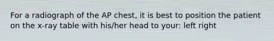 For a radiograph of the AP chest, it is best to position the patient on the x-ray table with his/her head to your: left right