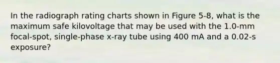 In the radiograph rating charts shown in Figure 5-8, what is the maximum safe kilovoltage that may be used with the 1.0-mm focal-spot, single-phase x-ray tube using 400 mA and a 0.02-s exposure?