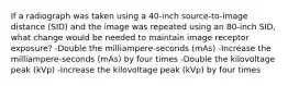 If a radiograph was taken using a 40-inch source-to-image distance (SID) and the image was repeated using an 80-inch SID, what change would be needed to maintain image receptor exposure? -Double the milliampere-seconds (mAs) -Increase the milliampere-seconds (mAs) by four times -Double the kilovoltage peak (kVp) -Increase the kilovoltage peak (kVp) by four times