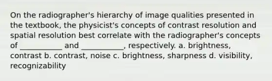 On the radiographer's hierarchy of image qualities presented in the textbook, the physicist's concepts of contrast resolution and spatial resolution best correlate with the radiographer's concepts of ___________ and ___________, respectively. a. brightness, contrast b. contrast, noise c. brightness, sharpness d. visibility, recognizability