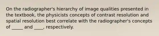 On the radiographer's hierarchy of image qualities presented in the textbook, the physicists concepts of contrast resolution and spatial resolution best correlate with the radiographer's concepts of _____ and ____, respectively.