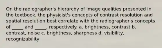 On the radiographer's hierarchy of image qualities presented in the textbook, the physicist's concepts of contrast resolution and spatial resolution best correlate with the radiographer's concepts of _____ and _____, respectively. a. brightness, contrast b. contrast, noise c. brightness, sharpness d. visibility, recognizability