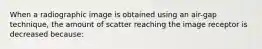 When a radiographic image is obtained using an air-gap technique, the amount of scatter reaching the image receptor is decreased because: