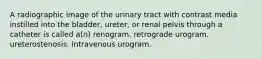 A radiographic image of the urinary tract with contrast media instilled into the bladder, ureter, or renal pelvis through a catheter is called a(n) renogram. retrograde urogram. ureterostenosis. intravenous urogram.