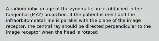 A radiographic image of the zygomatic are is obtained in the tangential (MAY) projection. If the patient is erect and the infraorbitomeatal line is parallel with the plane of the image receptor, the central ray should be directed perpendicular to the image receptor when the head is rotated