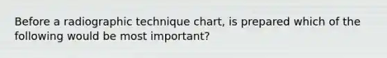 Before a radiographic technique chart, is prepared which of the following would be most important?